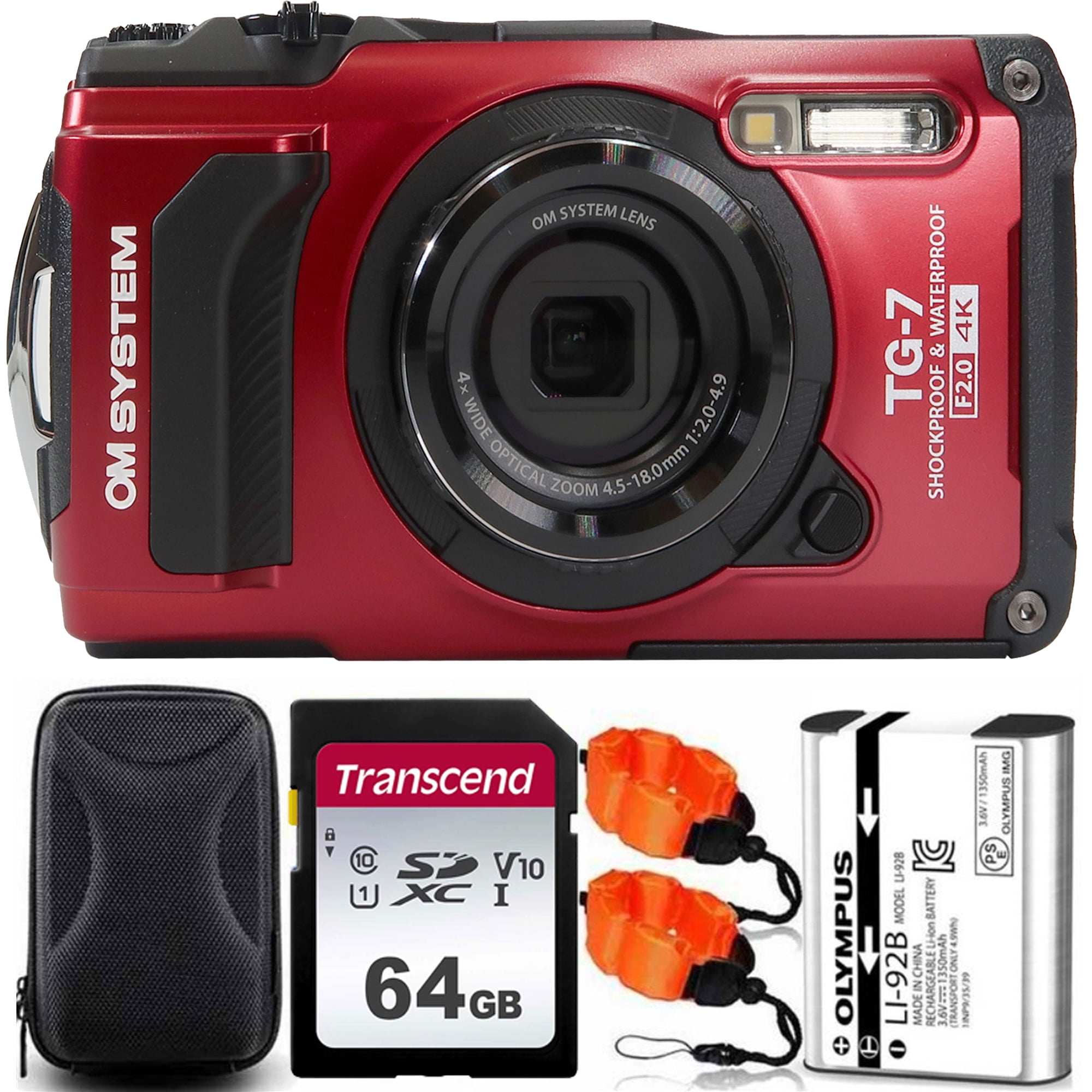OM SYSTEM Tough TG-7 Digital Camera (Red) with 64GB Memory Card