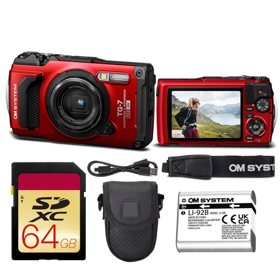 OM SYSTEM Tough TG-7 Red | 12MP BSI CMOS, f/2 Lens, 4K Video | Waterproof 50ft, Shockproof, Freezeproof | GPS Field Sensor + 64GB Memory Card + Case