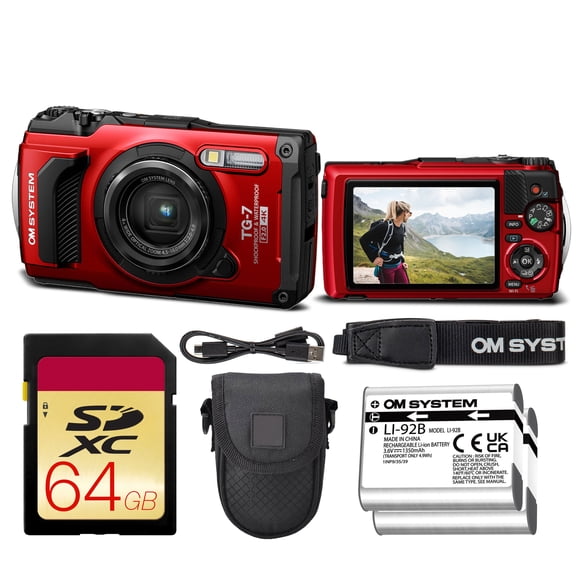 OM SYSTEM Tough TG-7 Red | 12MP BSI CMOS, f/2 Lens, 4K Video | Waterproof 50ft, Shockproof, Freezeproof | GPS Field Sensor + Battery + 64GB Card + Case