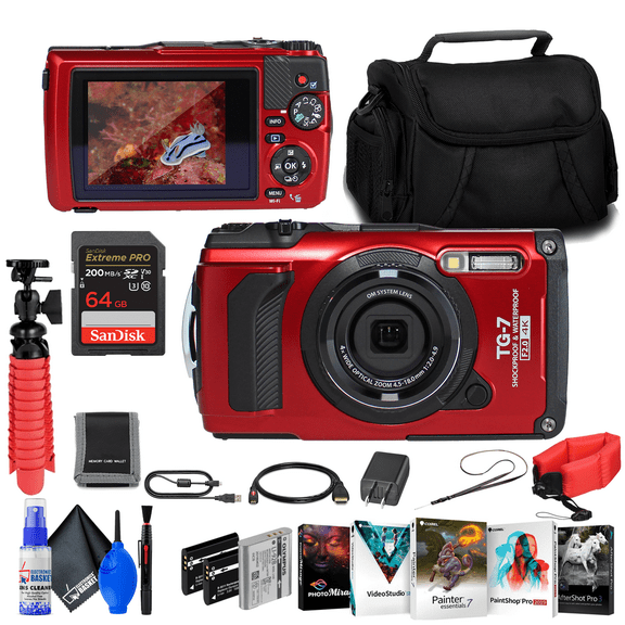 OM SYSTEM Tough TG-7 Red Underwater Camera, 44x Macro Shooting, 12MP, Float Strap, 64GB Card