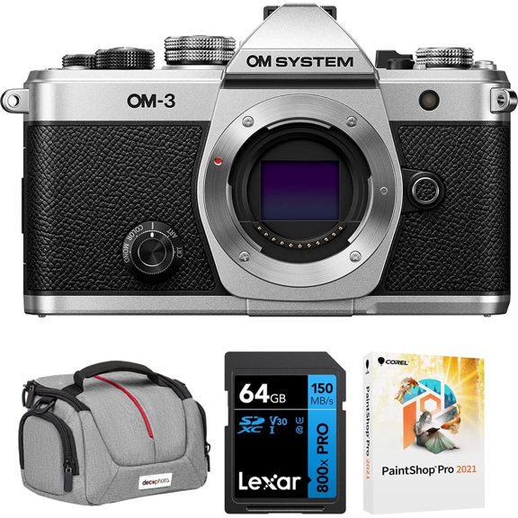 OM SYSTEMS Olympus Mirrorless Micro Four Thirds Lens System Camera V210050SW000 Bundle with Deco Photo Camera Bag, Lexar BLUE Series 64GB SDXC Memory Card and Corel Photo Video Suite PaintShop Pro
