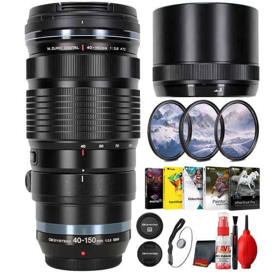 OM System 40-150mm f/2.8 PRO  Fast Telephoto Zoom for Micro Four Thirds, Sharp Reach for Sports, Wildlife, Portraits (V315050BU000) + Photo Software + Filter Kit + Cleaning Kit + More (8pc Bundle)