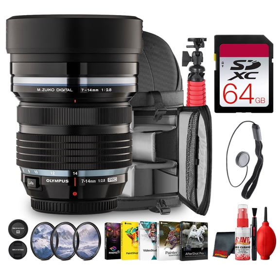 OM System 7-14mm f/2.8 PRO  Fast Ultra Wide Zoom for Micro Four Thirds, Sharp Landscapes, Travel, Architecture, Interiors (V313020BU000) + Backpack + Photo Software + 64GB Card + More (10pc Bundle)