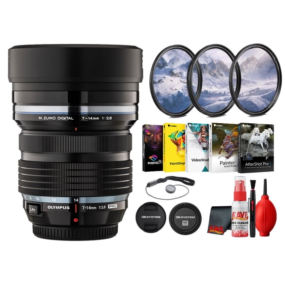 OM System 7-14mm f/2.8 PRO Fast Ultra Wide Zoom for Micro Four Thirds, Sharp Landscapes, Travel, Architecture, Interiors (V313020BU000) + Photo Software + Cleaning Kit + Cap Keeper (8pc Bundle)