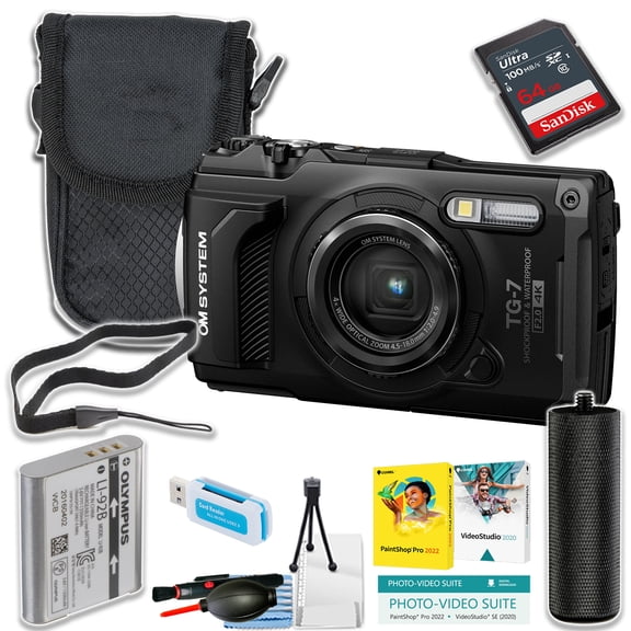 OM System OLYMPUS Tough TG-7 Black Underwater Camera + 64GB Ultra Memory Card + Camera Case + Stabilizing Grip + More (12pc Bundle )