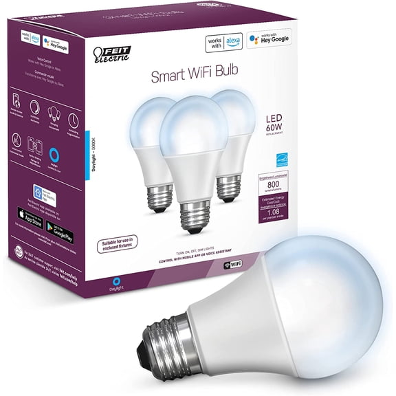OM60/950CA/AG/3 60 Watt Equivalent WiFi Dimmable, No Hub Required, Alexa or Google Assistant A19 LED Smart Light Bulbs, 4.4" H x 2.4" D, 5000K Daylight, 3 Count