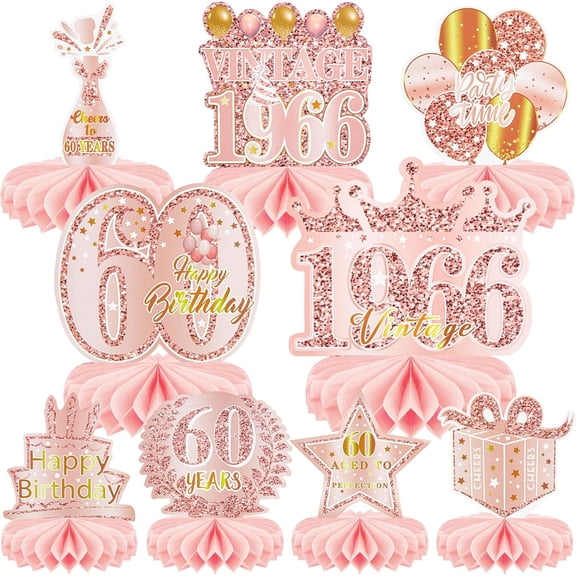 OMA 9 Pcs 60th Birthday Decoration for Women Happy 60th Birthday Table Honeycomb Decorations Rose Gold Pink Centerpieces Tables Toppers1965 Decor Cheers to 60 Years Old Birthday Party Favors