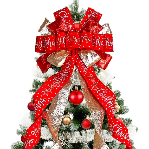 OMA Christmas Tree Topper Bow Christmas Wreath Bow 45x12 Inches Large Burlap with White Red Polyester Edge Gift Bow for Xmas Tree Décor Christmas Home Indoor Outdoor Decoration