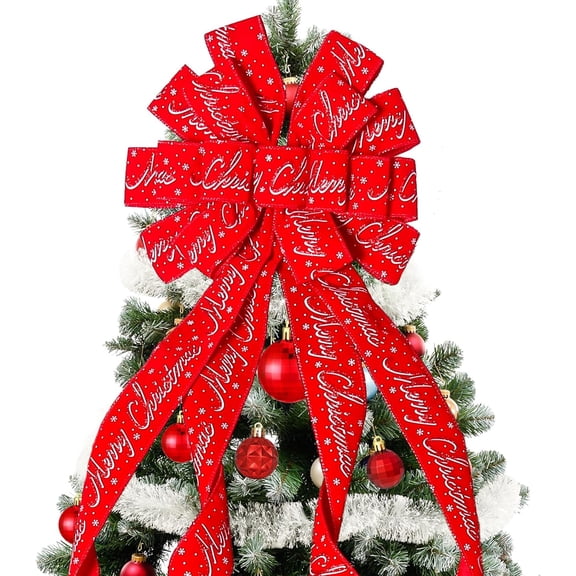 OMA Christmas Tree Topper Christmas Wreath Bow, 52 * 13 inches Tree Toppers Bow with Letter Patterned Ribbon for Xmas Tree Christmas Rustic Farmhouse Home Holiday Party Decorations Red