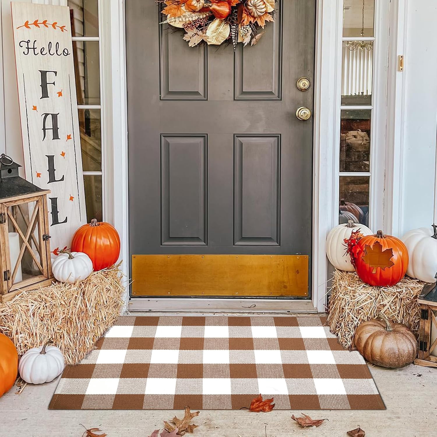 OMA Coffee and White Plaid Rug,28" x 43" Outdoor Front Porch Door Decor Mat, Washable Cotton Woven Farmhouse Area Rug for Layered Door Mats Carpet, Entryway, Easter Décor