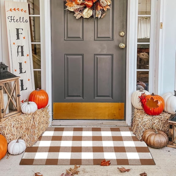 OMA Coffee and White Plaid Rug,28" x 43" Outdoor Front Porch Door Decor Mat, Washable Cotton Woven Farmhouse Area Rug for Layered Door Mats Carpet, Entryway, Easter Décor