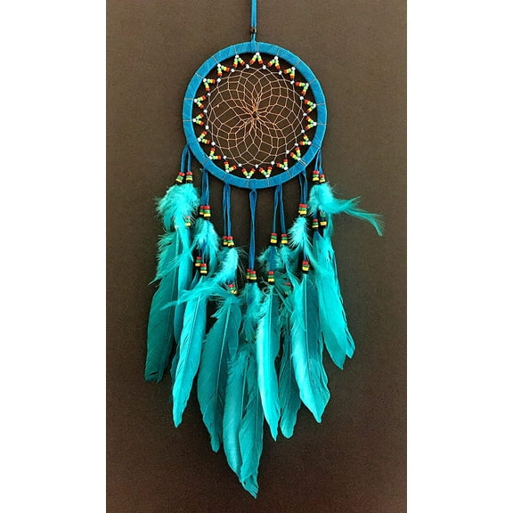OMA Dream Catcher - Dream Catcher - Traditional Turquoise Blue Suede Dreamcatcher with Rasta Chakra Beads & Feathers Intricate Design - 26" Long x 7" Diameter (Turquoise)
