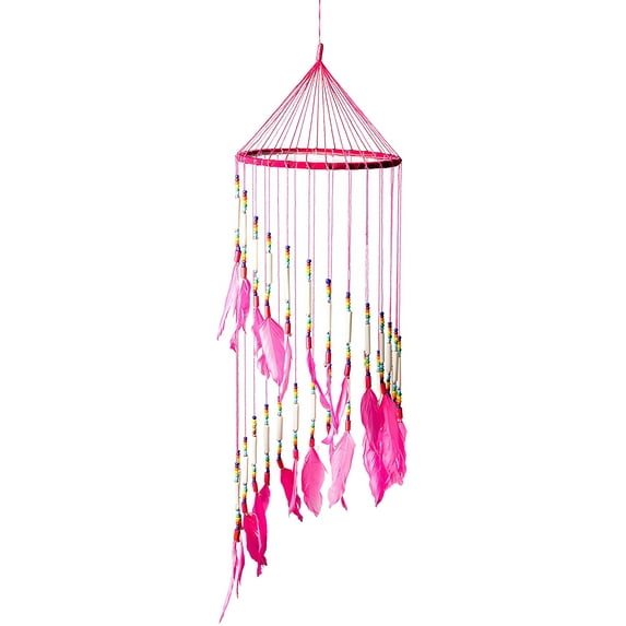 OMA Dream Catcher Pink Feather Dreamcatcher with Real Bone Beads Delicate Spiral Traditional Design Hand Crafted - 28" Long x 7" Diameter (Rose Pink)