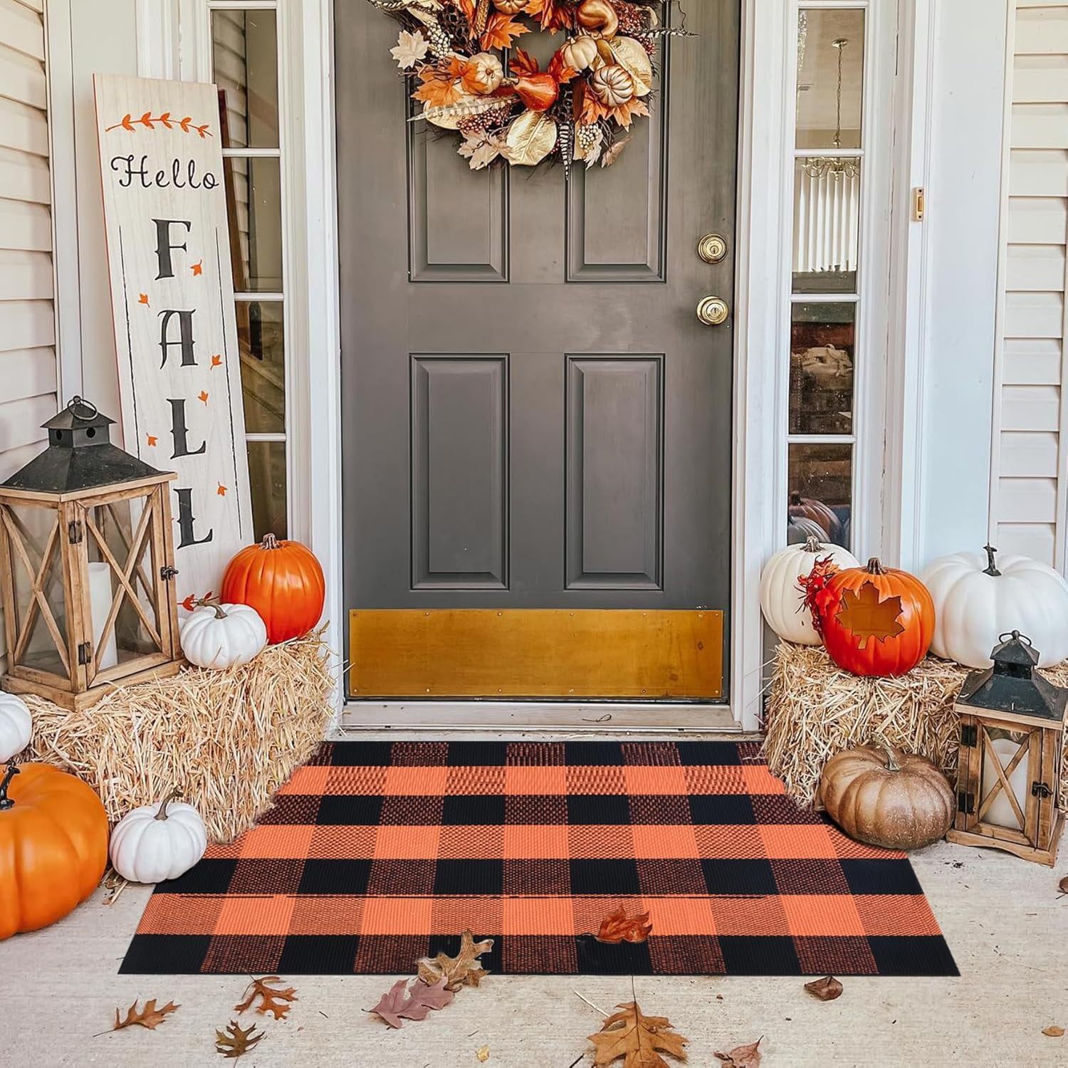 OMA Fall Plaid Rug 28" x 43", Orange and Black Buffalo Check Front Porch Outdoor Layered Doormat, Cotton Hand-Woven Washable Rug for Halloween Thanksgiving Autumn Decor
