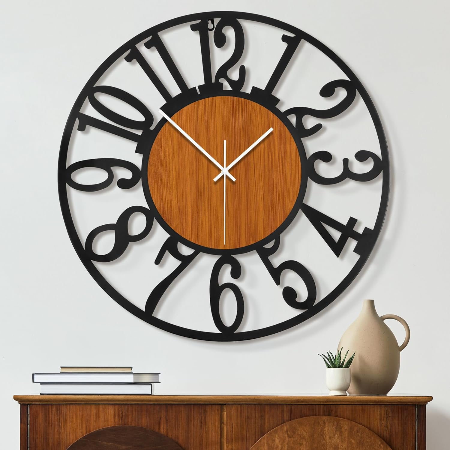 OMA Large Round Wall Clock for Living Room Decor Battery Operated Non Ticking Black Metal Wood Clocks for Home Living Room Garden Office Kitchen Decoration -24 inch