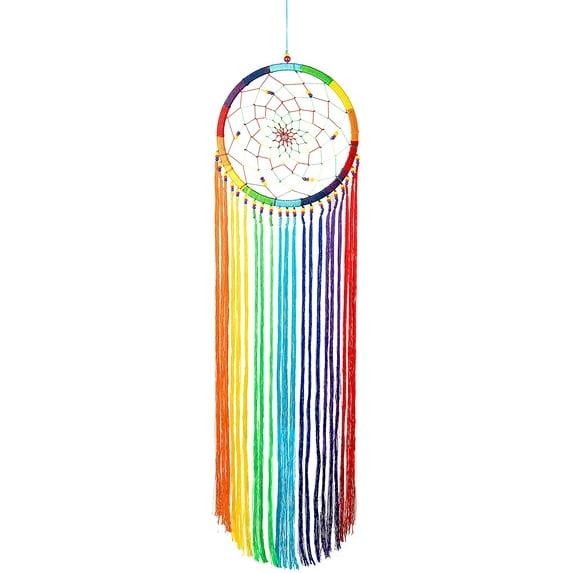OMA Rainbow Chakra Dream Catcher Multi Color Boho Hippie Style Dreamcatcher Wall Hanging Decor Hand Crafted - 30" Long x 7" Diameter (Rainbow)