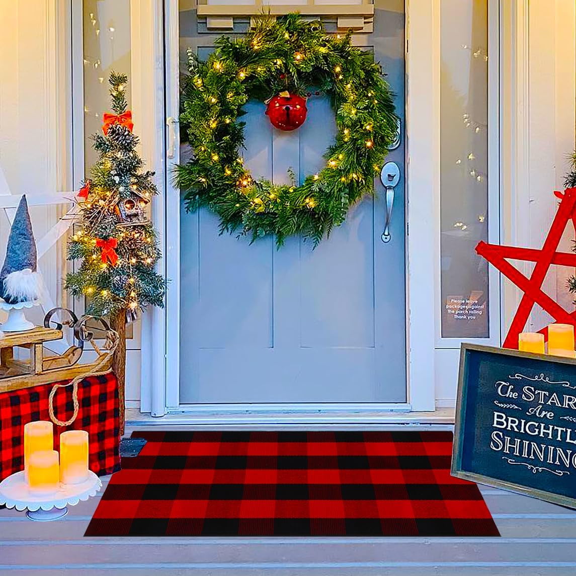 OMA Red Green and White Plaid Rug, 28" x 43" Christmas Front Porch Outdoor Rug, Handwoven Cotton Washable Rug for Layered Door Mats, Holiday Entryway and Home Décor