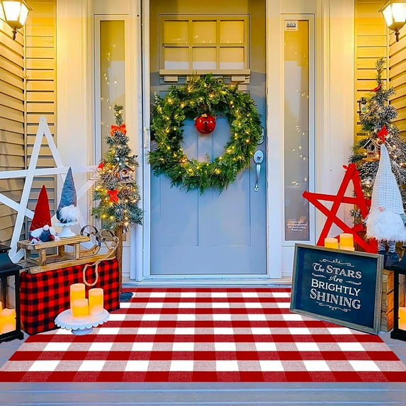 OMA Red and White Plaid Rug, 4' x 6' Christmas Front Porch Outdoor Rug, Handwoven Cotton Washable Rug for Layered Door Mats, Holiday Entryway and Home Décor