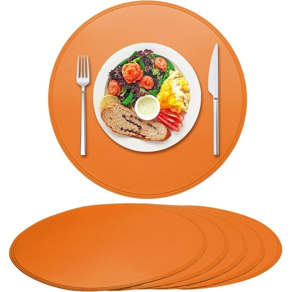 OMA Round Vinyl Orange Placemats Set of 6, Faux Leather Waterproof Wipeable Heat Resistant Place Mats, Washable Table Mats for Halloween, Thanksgiving & Christmas Dinner(Orange)