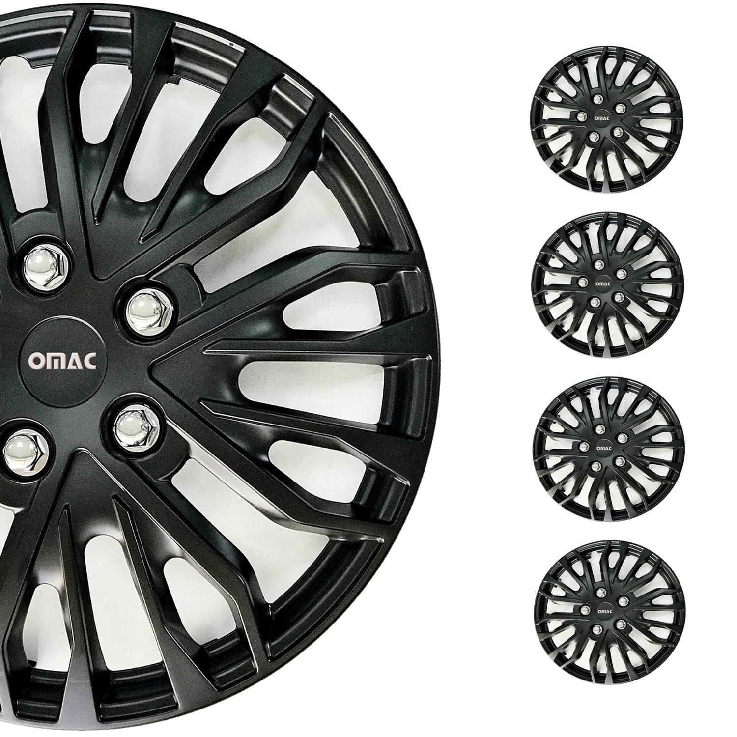 OMAC Matt Black & Silver Nuts ABS Hub Caps 16 Inch Set of 4, Tapas para
