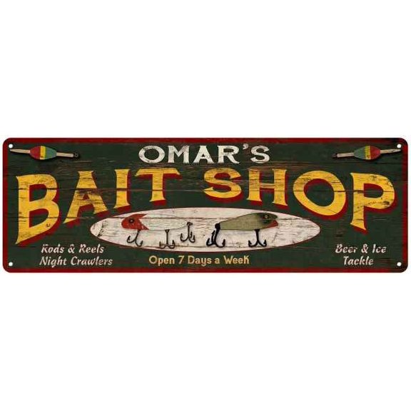 OMAR'S Bait Shop Sign Wood Look Man Cave Den Gift 6x18 Metal 206180024343