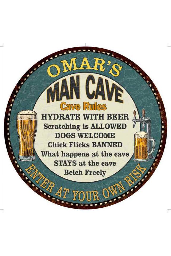 OMAR'S Man Cave Rules 12" Round Metal Sign Garage Bar Decor 200120009098