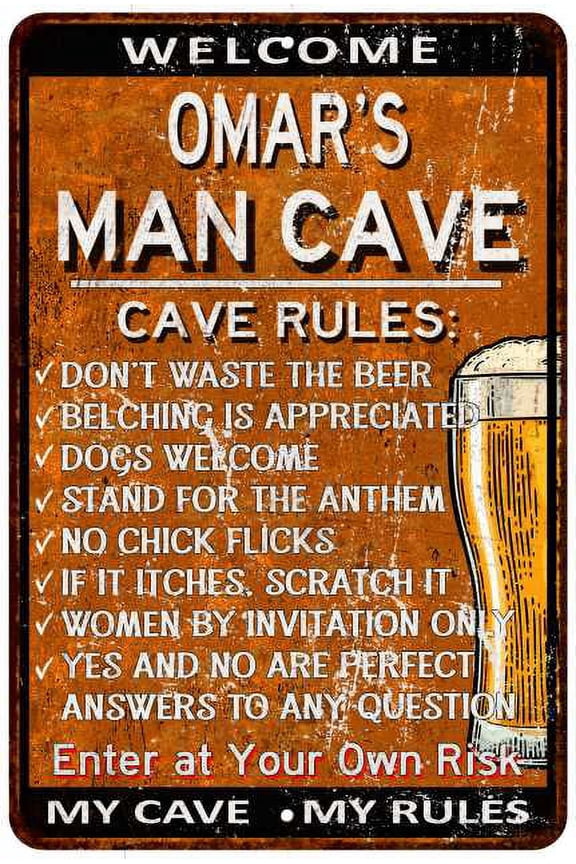 OMAR'S Man Cave Rules Rusty Sign Garage Decor 8 x 12 High Gloss Metal 208120051098