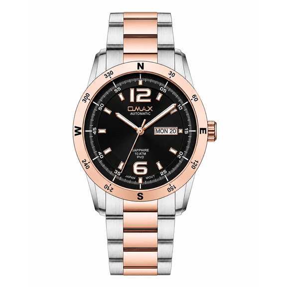 OMAX Men's Automatic Navigator Watch, Black Dial Rose Gold Two-Tone Stainless Steel