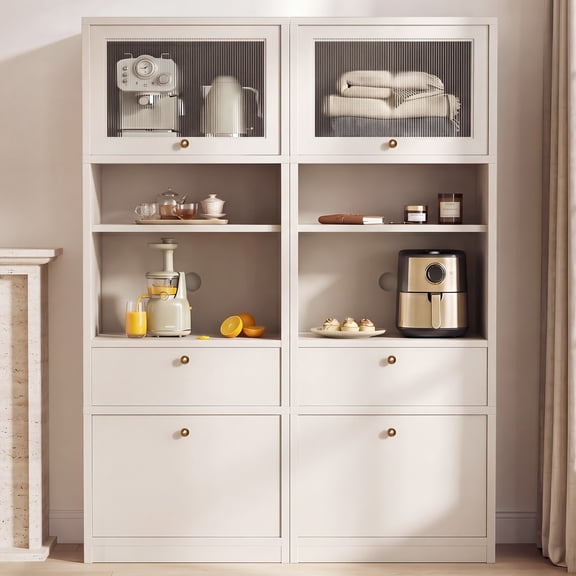 OMCHOM 2-Piece 71" Tall Kitchen Pantry Cabinet Set, Extra Deep Storage Cabinet with Oversized Microwave Shelf & Coffee Station, Fluted Acrylic Doors, Adjustable Shelves, Drawers, Anti-Tip(White)