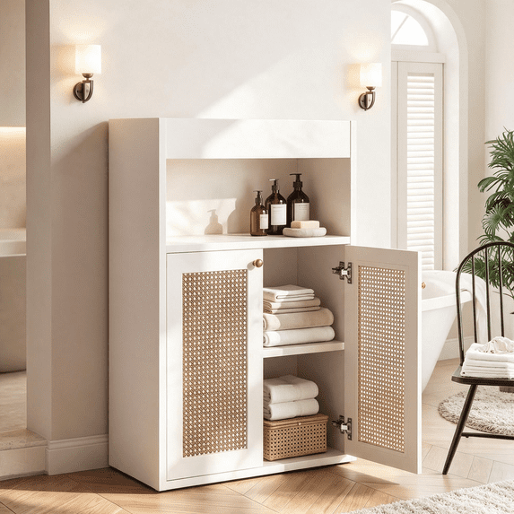 OMCHOM 37.8" Bathroom Storage Cabinet, Freestanding Tall Cabinet with Double Door and Open Shelf with MDF Board, Space Saving Furniture for Bathroom Living Room Home Organization, White