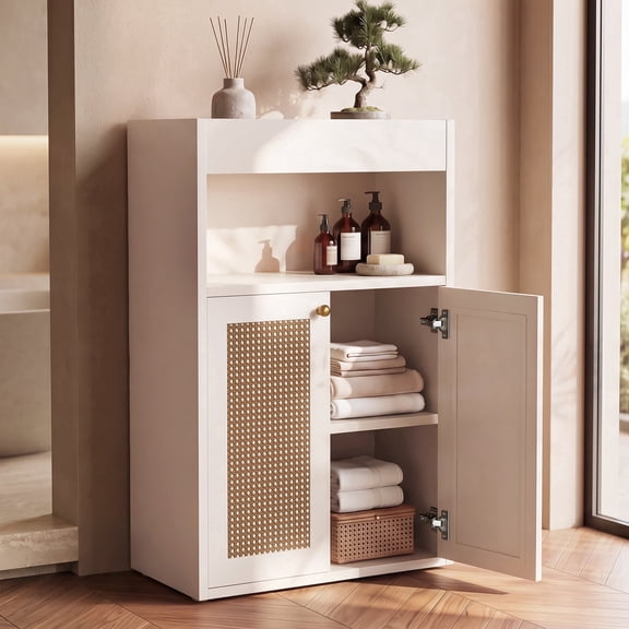 OMCHOM 37.8" Bathroom Storage Cabinet, Freestanding Tall Cabinet with Double Door and Open Shelf with MDF Board, Space Saving Furniture for Bathroom Living Room Home Organization, White