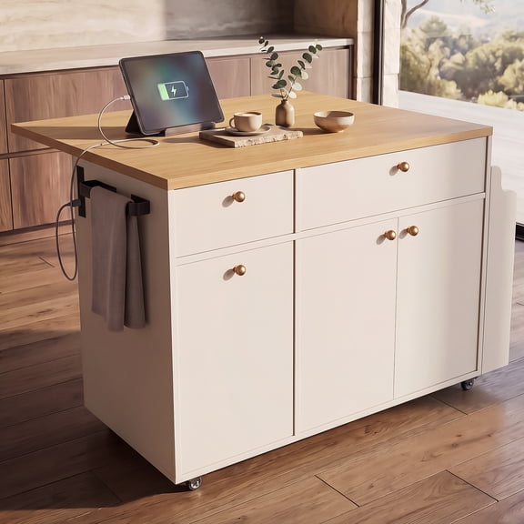 OMCHOM 48" Rolling Kitchen Island with Power Outlet & Drop Leaf, Large Kitchen Cart with Built-in Trash Can Cabinet, 2 Drawers & 3 Doors, Spice & Towel Rack, White