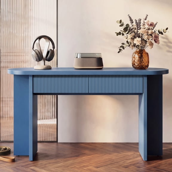 OMCHOM 55in Fluted Console Table with Drawers, Rounded Sofa Table with Storage Modern Entryway Storage Table for Narrow Spaces(Blue)
