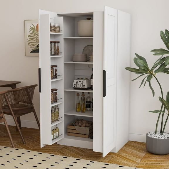 OMCHOM 62.99" Kitchen Pantry Cabinet - Freestanding Buffet Cupboard with Doors & Shelves for Kitchen Living Room Dining Room Storage, White