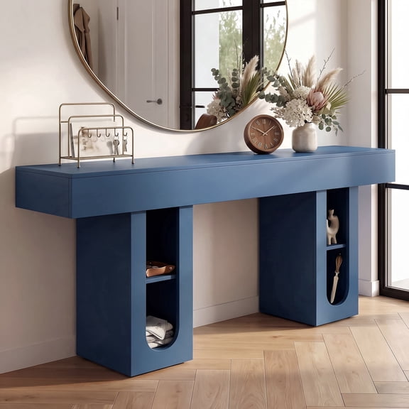 OMCHOM 63in Console Table with USB Charging Station, Farmhouse Wood Narrow Sofa Table Behind Couch, Equipped with Storage Shelves for Entryway Hallway Living Room Decor(Blue)