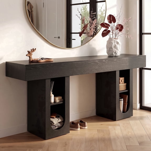 OMCHOM 63in Console Table Wood Entryway Sofa Table with USB Charging Station, Narrow Behind Couch Design with Storage Shelves for Hallway Living Room Farmhouse Home Decor(Black)