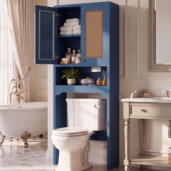 OMCHOM 67in Bathroom Storage Cabinet, Tall Freestanding Organizer with Extra Lower Open Space, Multi-Compartment Storage Unit for Bathroom Household Daily Supplies, Blue