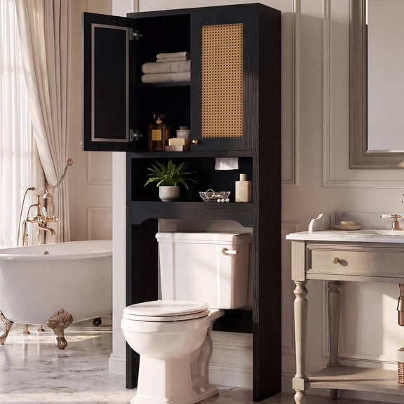 OMCHOM 67in Bathroom Storage Cabinet, Tall Freestanding Organizer with Extra Lower Open Space, Multi-Compartment Storage Unit for Bathroom Household Daily Supplies, Black