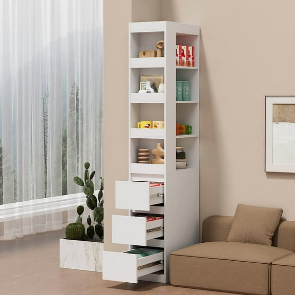 OMCHOM 70.87"H Tall Storage Cabinet with 4-Tier Shelf, 3 Side Drawers, Narrow Storage Cabinet, Slim Freestanding Bookcase, Floor Cabinet for Bathroom, Living Room, Entryway, Kitchen, White(11.81"W)