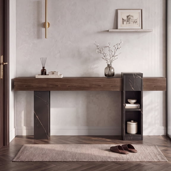 OMCHOM 71" Narrow Console Table, Behind Couch Table with Outlet, Long Entryway Table with Open Storage, Modern Asymmetrical Sofa Table Behind Couch for Living Room, Entrance,Hallway,Walnut
