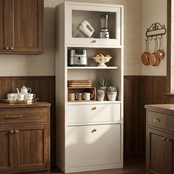 OMCHOM 71" Tall Kitchen Pantry Cabinet with Oversized Microwave Shelf & Coffee Station, Extra Deep Storage Cabinet with Fluted Acrylic Doors, Adjustable Shelves, Drawers, Anti-Tip(White)