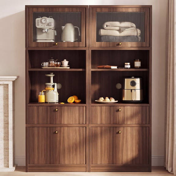 OMCHOM 71" Tall Kitchen Pantry Cabinet with Pull Out Drawers, Modular Concealed Storage Cabinet with Expandable Wall System, Heavy Duty Thickened Panels, Freestanding Organizer(Walnut)