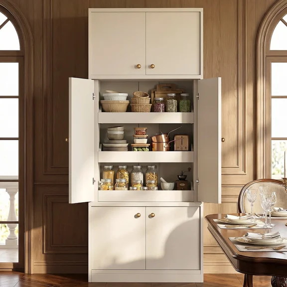OMCHOM 71" Tall Kitchen Pantry Cabinet with Pull Out Drawers, Modular Concealed Storage Cabinet with Expandable Wall System, Heavy Duty Thickened Panels, Freestanding Organizer(White)