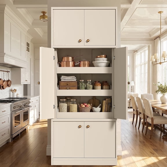 OMCPET 71" Tall Kitchen Pantry with Shelf & Drawer, Tall Freestanding Garage Cabinet for Office, Home, Kitchen, White