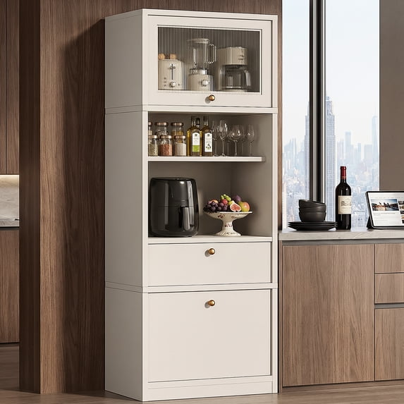 OMCHOM 71" Tall Storage Cabinet, Freestanding Kitchen Pantry with Fluted Glass Flip Door, 2 Drawers & Open Shelves for Kitchen Living Room, White