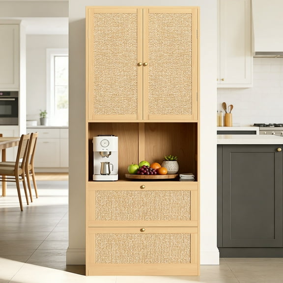 OMCHOM 73" Tall Kitchen Pantry Storage Cabinet with 2 Doors 2 Drawers and Charging Station,Natural