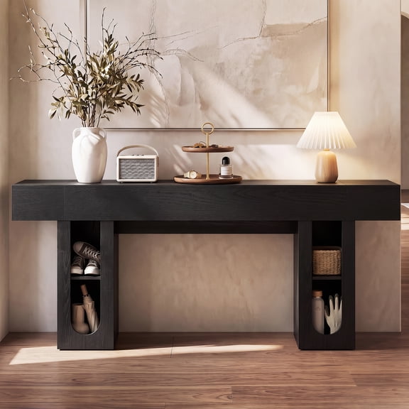 OMCHOM 79'' Console Table with Power Outlet, Wood Entryway Table, Modern Sofa Table Narrow Behind Couch Storage Adjustable Shelves 5.9" Thick Top, Anti-Tip, for Living Room, Hallway, Foyer (Black)