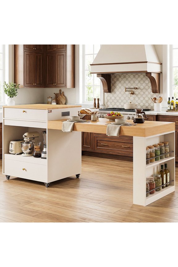 80.7" Large Kitchen Island with Seating and Extendable Dining Table,Rolling Mobile Center Islands with Storage,Charging Station,2 Drawers 2 Side Open Shelves,White