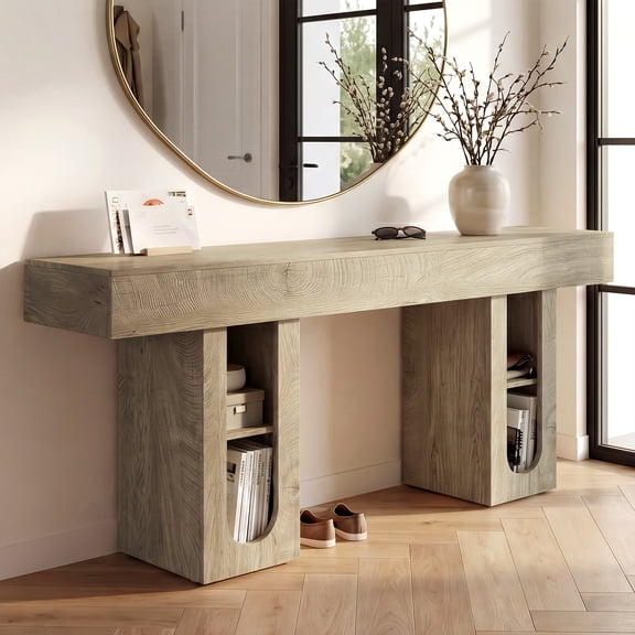 OMCHOM Console Table 63" Farmhouse Wooden Narrow Entryway Table with Power Outlets & Storage Behind Couch Sofa Table for Hallway Bedroom Living Room(Oak)