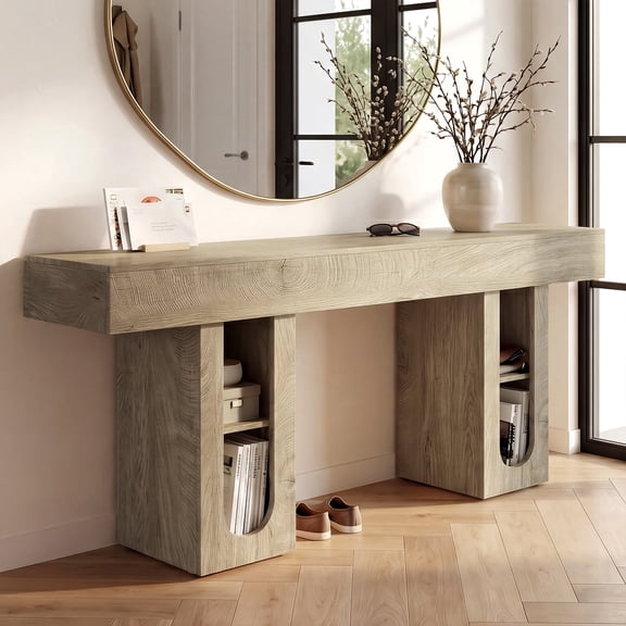 OMCHOM 63'' Wood Console Table Entryway Sofa Table with USB Charging Station, Narrow Behind Couch Storage Shelves for Hallway Foyer Luxury Villa Hotel Lobby(Beige)